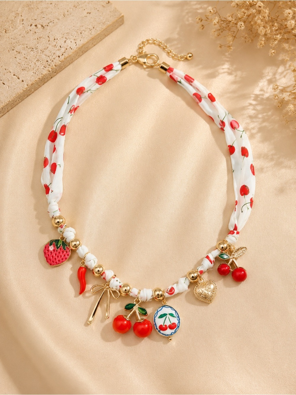 Cherry Charm Statement Necklace – Fruit & Heart Pendant - Picture 3 of 5